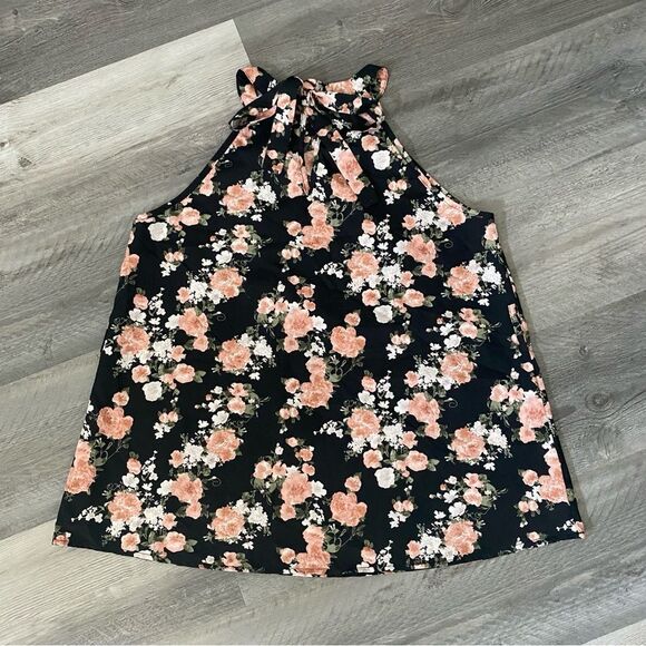 Floral Sleeveless Blouse Pink Flowers Black Medium Keyhole Back Tie - Picture 8 of 12